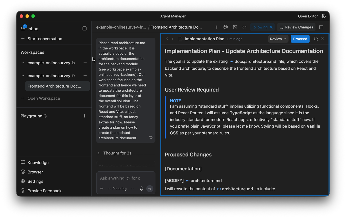 The Agent Manager: an overview of all active agents, their tasks, and the inbox Screenshot: Agent Manager