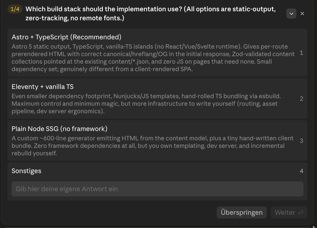 Claude Code asks about the build stack Screenshot: Claude Code asks about the build stack