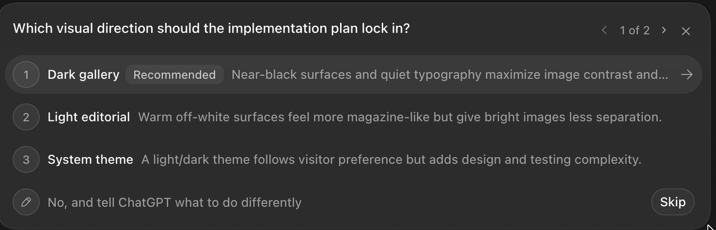 Codex asks about the visual direction Screenshot: Codex asks about the visual direction