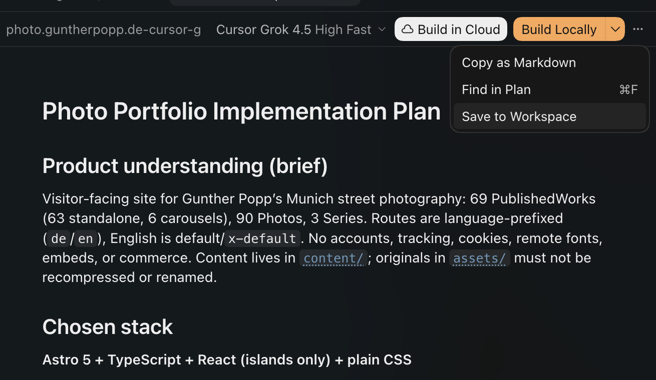 Cursor can save the implementation plan to the workspace with a single click Screenshot: Cursor implementation plan with "Save to Workspace"