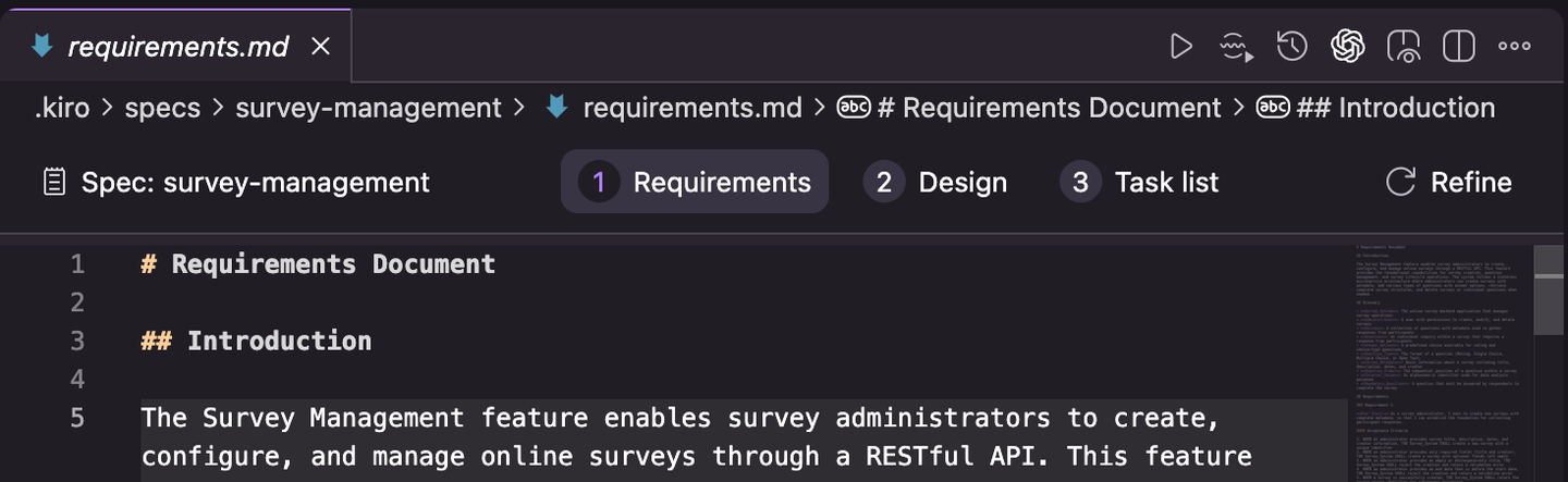 Switching to the design phase: Kiro derives the technical design directly from the requirements Screenshot: Switching from Requirements to Design