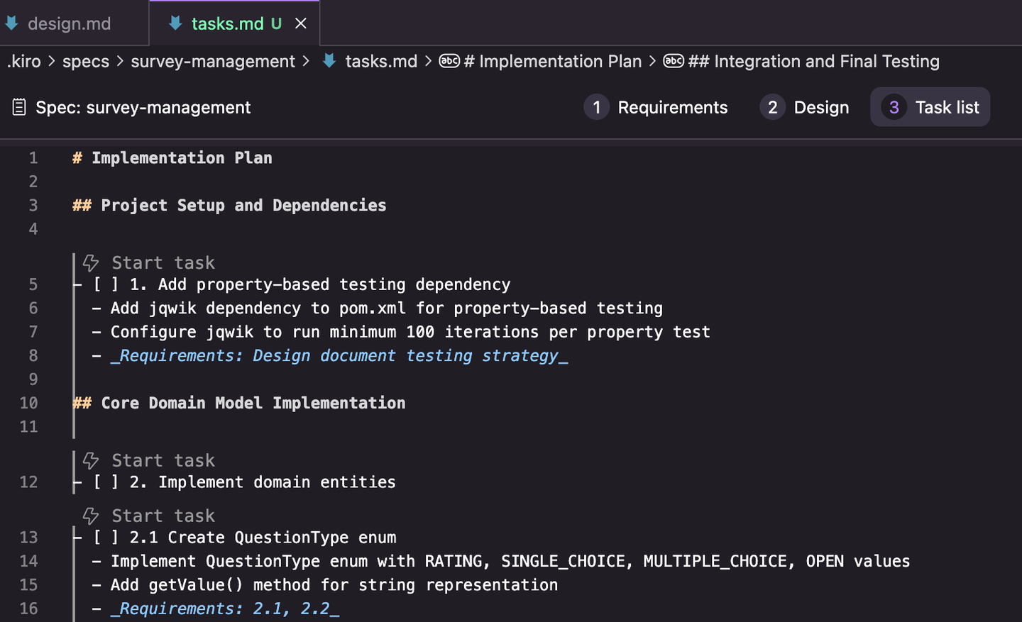 The generated implementation plan: tasks and subtasks, each linked to the corresponding requirements Screenshot: Generated implementation plan