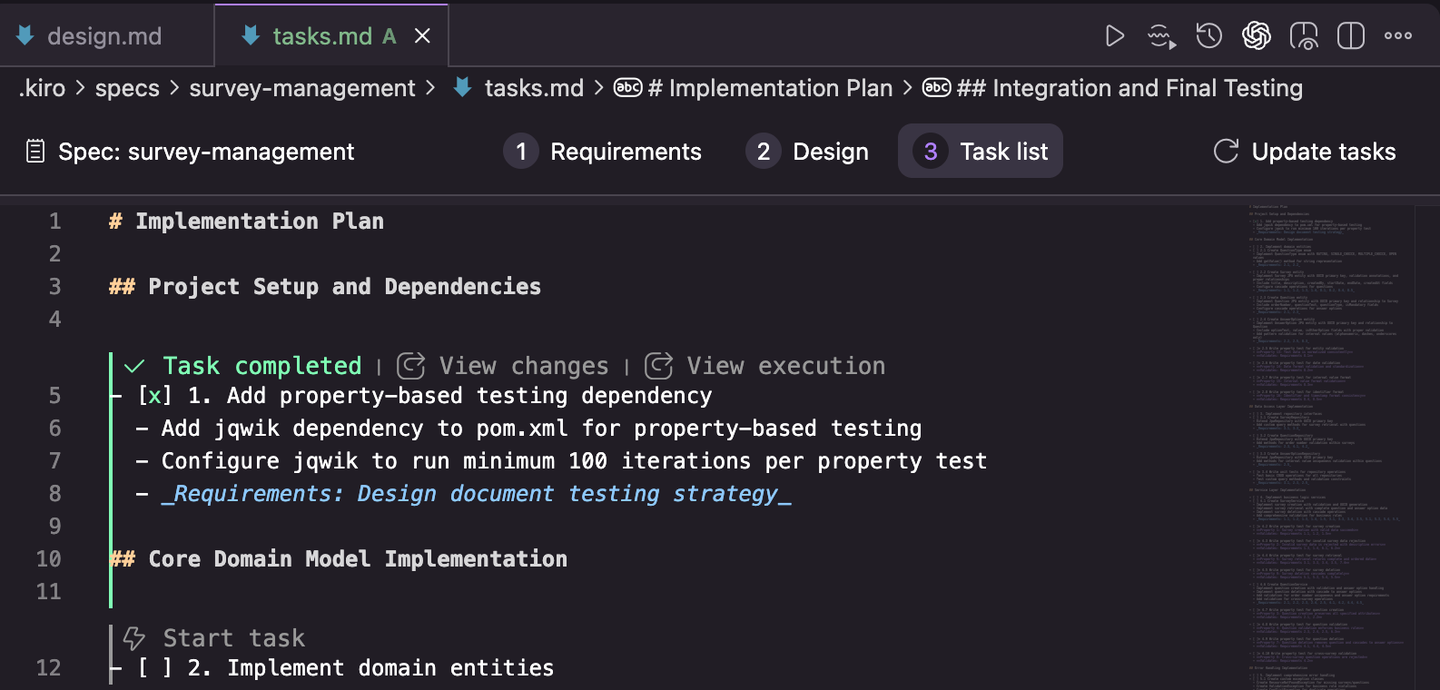 Kiro checks off completed tasks in Tasks.md automatically Screenshot: Task completed
